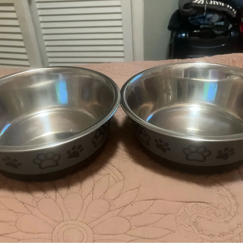 Two Non-Slip Dog Bowls With a Dog Paw Print Design